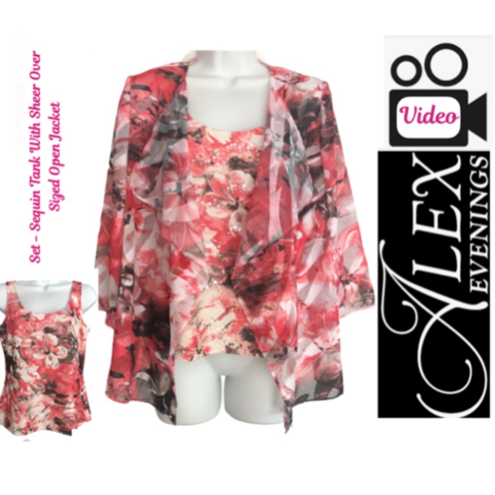 Alex Evenings Floral Pink Tank & Sheer Oversized Jacket